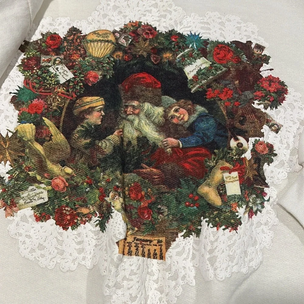 Victoria Joys - l white Santa sweater, screen‎ print, vintage